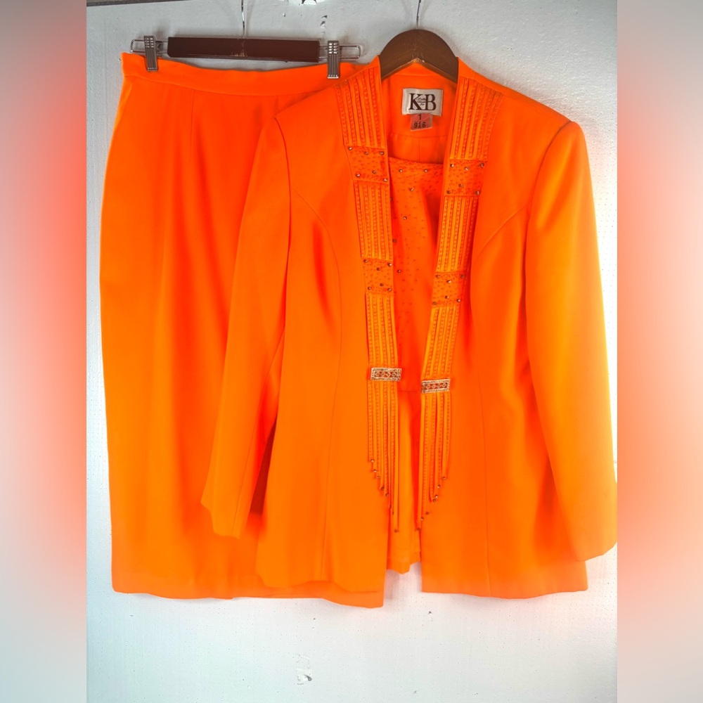 Stella Louise for KB 12 80s Bright Neon Orange Fitted Midi Skirt w Blazer Suit